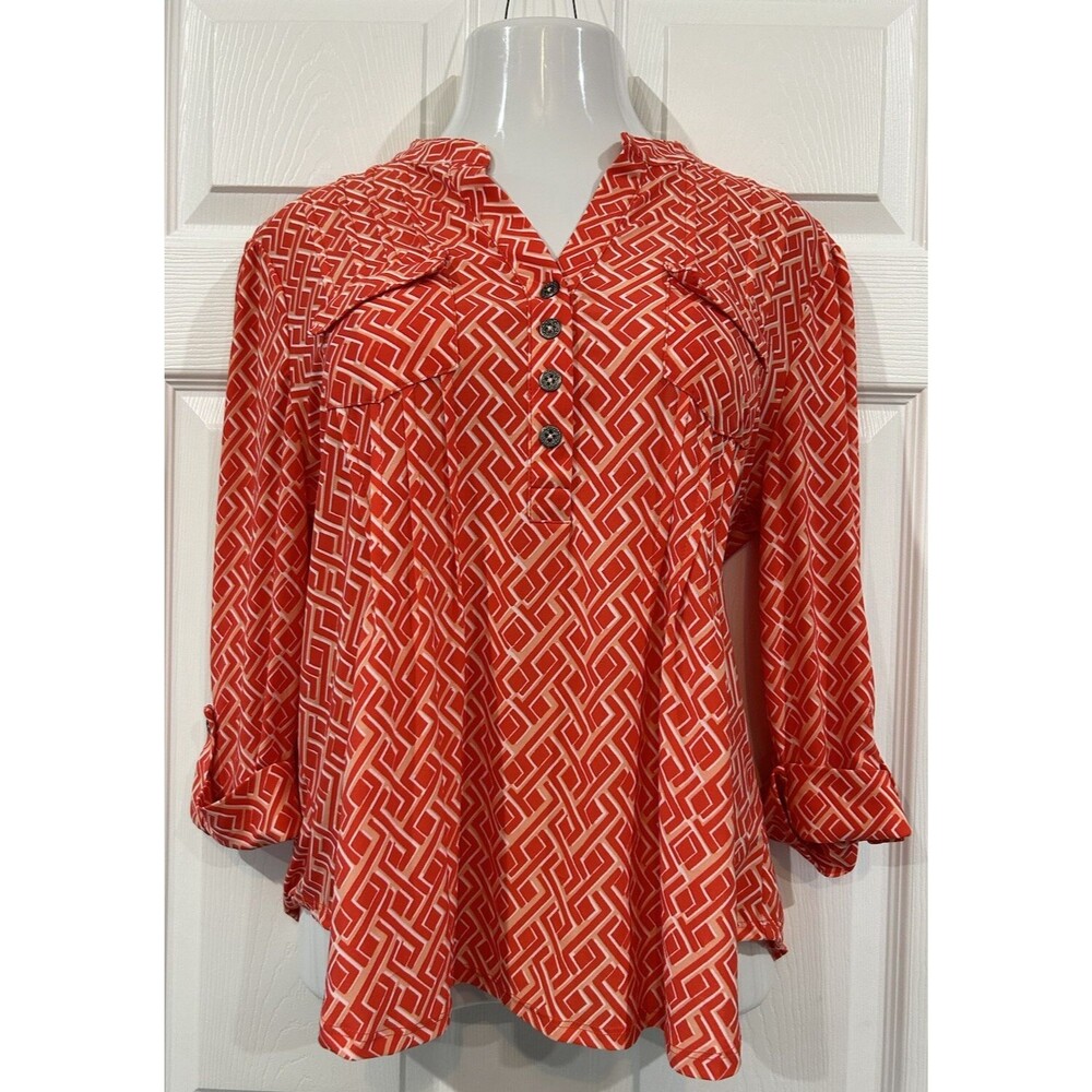 Coral Bay Orange & White Stretch Knit Pleated Top Blouse Tunic Women's Petite XL